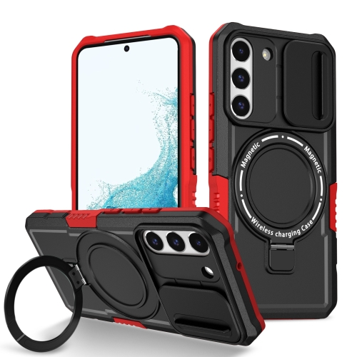 

For Samsung Galaxy S22 5G Sliding Camshield Magsafe Holder TPU Hybrid PC Phone Case(Black Red)