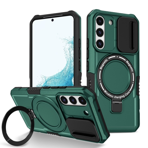 

For Samsung Galaxy S22 5G Sliding Camshield Magsafe Holder TPU Hybrid PC Phone Case(Deep Green)