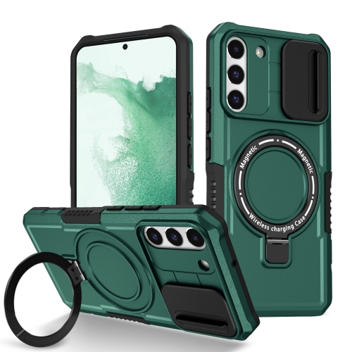 

For Samsung Galaxy S22+ 5G Sliding Camshield Magsafe Holder TPU Hybrid PC Phone Case(Deep Green)