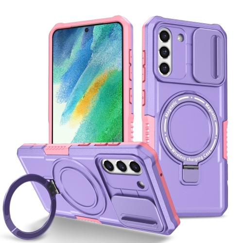 

For Samsung Galaxy S21 FE 5G Sliding Camshield Magsafe Holder TPU Hybrid PC Phone Case(Pink Purple)