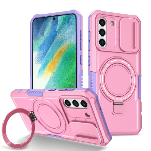 

For Samsung Galaxy S21 FE 5G Sliding Camshield Magsafe Holder TPU Hybrid PC Phone Case(Purple Pink)