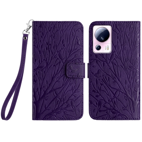 

For Xiaomi 13 Lite Tree Birds Embossed Pattern Leather Phone Case(Purple)