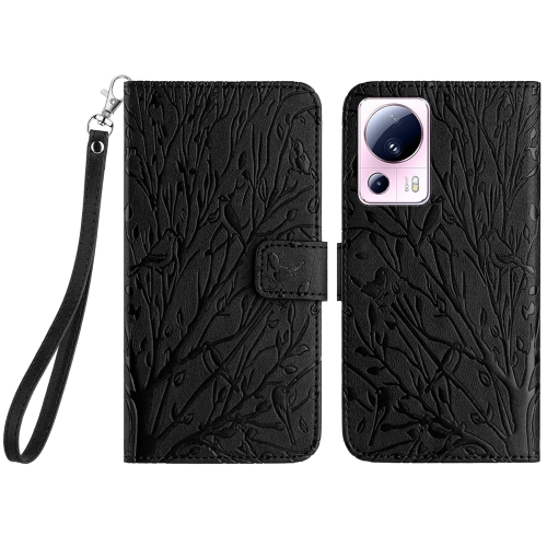 

For Xiaomi 13 Lite Tree Birds Embossed Pattern Leather Phone Case(Black)