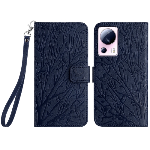 

For Xiaomi 13 Lite Tree Birds Embossed Pattern Leather Phone Case(Blue)