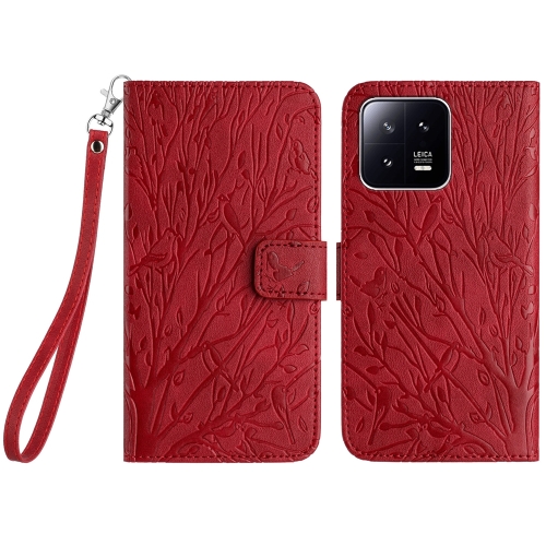 

For Xiaomi 13 Pro Tree Birds Embossed Pattern Leather Phone Case(Red)