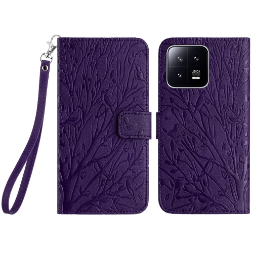 

For Xiaomi 13 Pro Tree Birds Embossed Pattern Leather Phone Case(Purple)