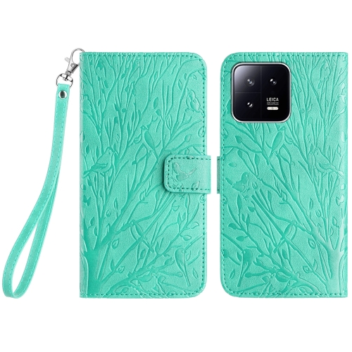 

For Xiaomi 13 Pro Tree Birds Embossed Pattern Leather Phone Case(Green)