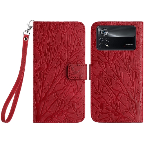 

For Xiaomi Poco X4 Pro 5G Tree Birds Embossed Pattern Leather Phone Case(Red)