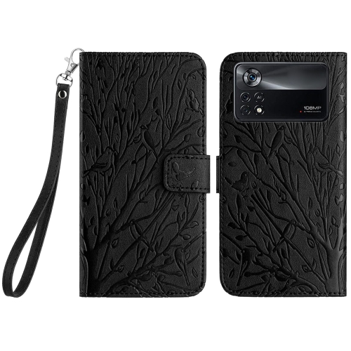 

For Xiaomi Poco X4 Pro 5G Tree Birds Embossed Pattern Leather Phone Case(Black)
