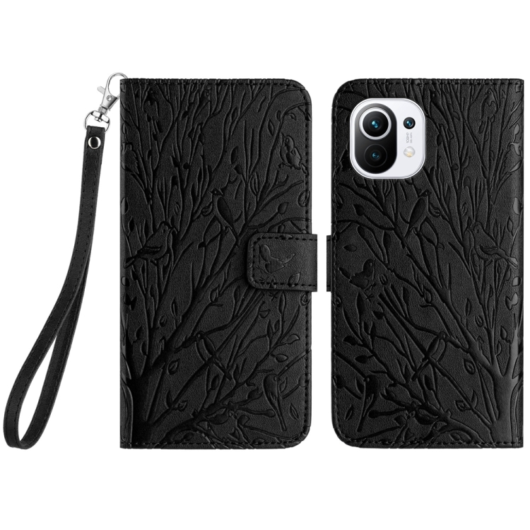 

For Xiaomi 11 Lite Tree Birds Embossed Pattern Leather Phone Case(Black)