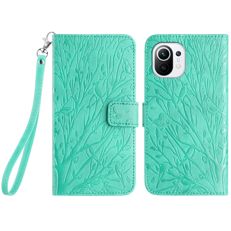 

For Xiaomi 11 Lite Tree Birds Embossed Pattern Leather Phone Case(Green)