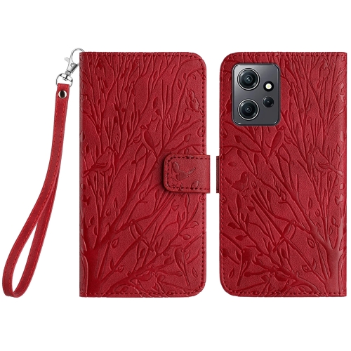 

For Xiaomi Redmi Note 12 4G Global Tree Birds Embossed Pattern Leather Phone Case(Red)