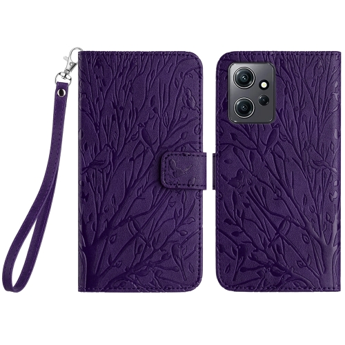 

For Xiaomi Redmi Note 12 4G Global Tree Birds Embossed Pattern Leather Phone Case(Purple)
