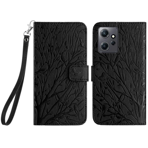 

For Xiaomi Redmi Note 12 4G Global Tree Birds Embossed Pattern Leather Phone Case(Black)