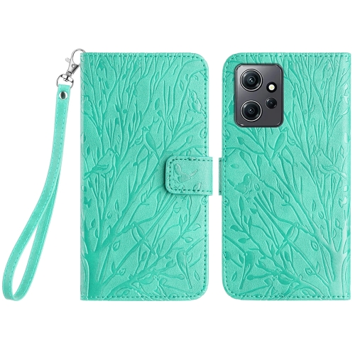 

For Xiaomi Redmi Note 12 4G Global Tree Birds Embossed Pattern Leather Phone Case(Green)