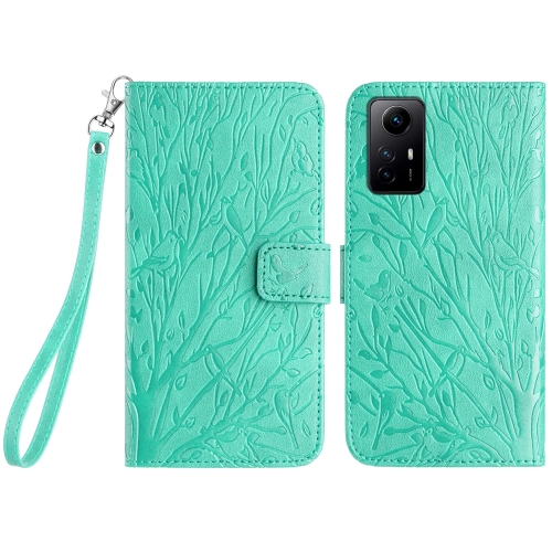 

For Xiaomi Redmi Note 12S Tree Birds Embossed Pattern Leather Phone Case(Green)