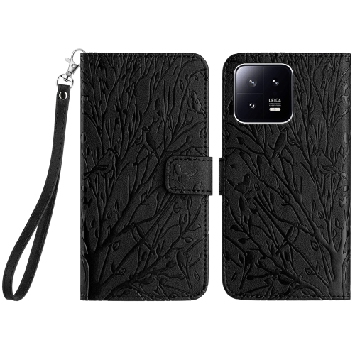 

For Xiaomi 13 Tree Birds Embossed Pattern Leather Phone Case(Black)