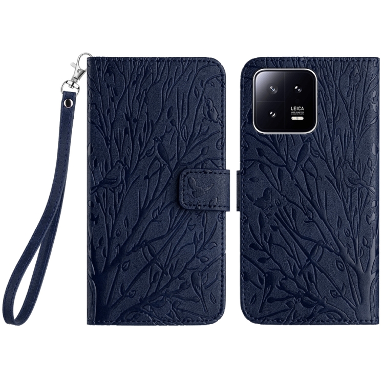 

For Xiaomi 13 Tree Birds Embossed Pattern Leather Phone Case(Blue)