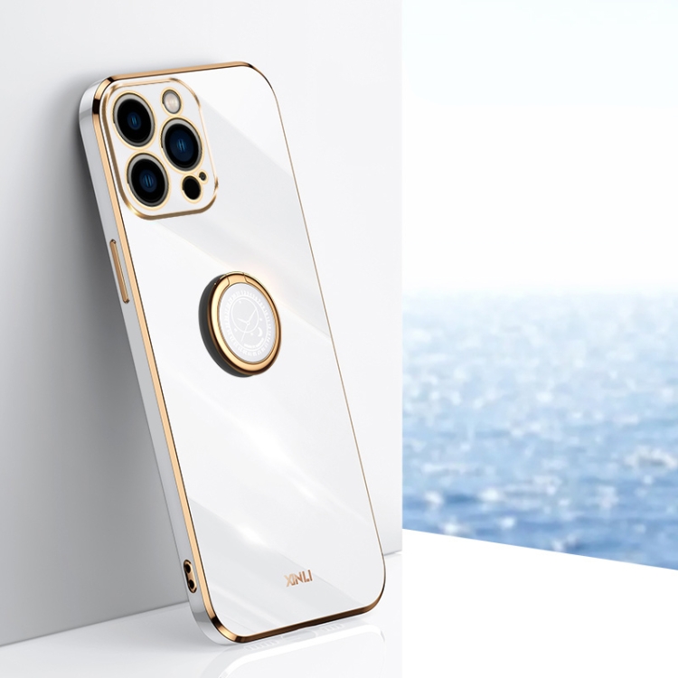 

For iPhone 15 Pro Max XINLI Straight Edge 6D Electroplate TPU Phone Case with Ring Holder(White)