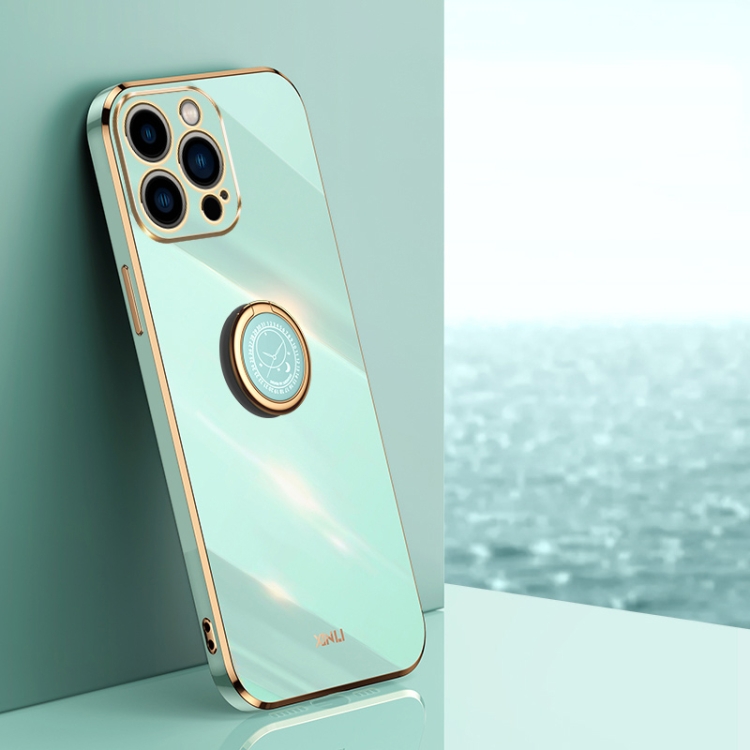 

For iPhone 15 Pro Max XINLI Straight Edge 6D Electroplate TPU Phone Case with Ring Holder(Mint Green)