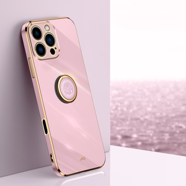 

For iPhone 16 Pro XINLI Straight Edge 6D Electroplate TPU Phone Case with Ring Holder(Cherry Purple)