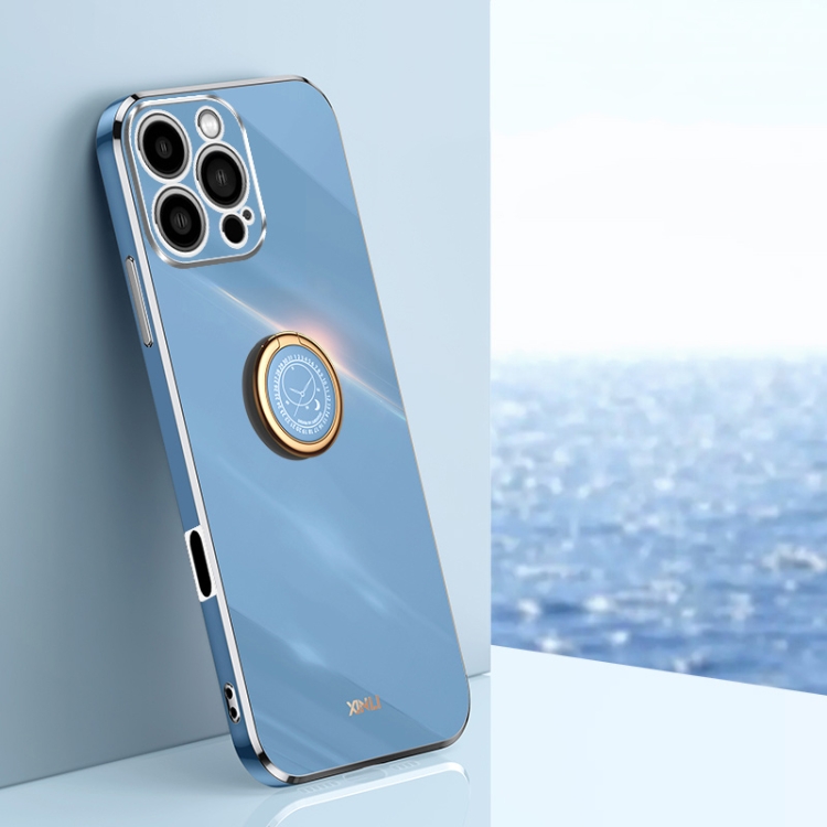 

For iPhone 16 Pro XINLI Straight Edge 6D Electroplate TPU Phone Case with Ring Holder(Celestial Blue)