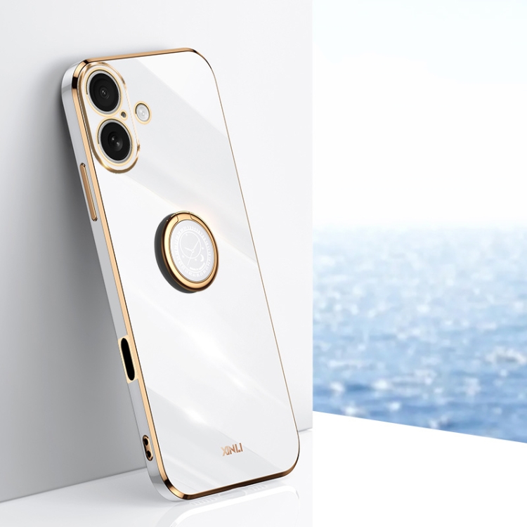

For iPhone 16 XINLI Straight Edge 6D Electroplate TPU Phone Case with Ring Holder(White)