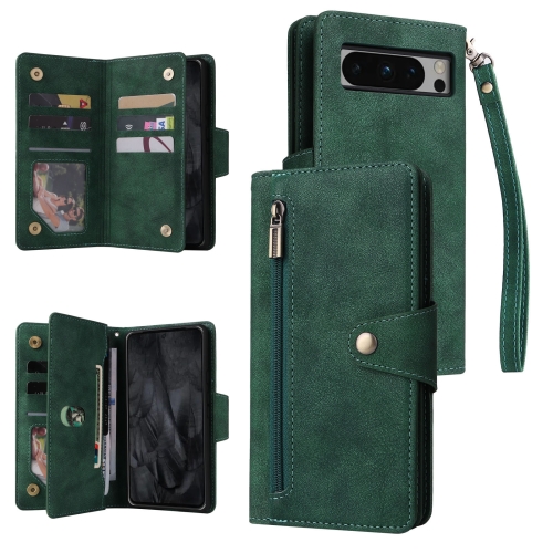 

For Google Pixel 8 Pro Rivet Buckle 9 Cards Three Fold Leather Phone Case(Green)