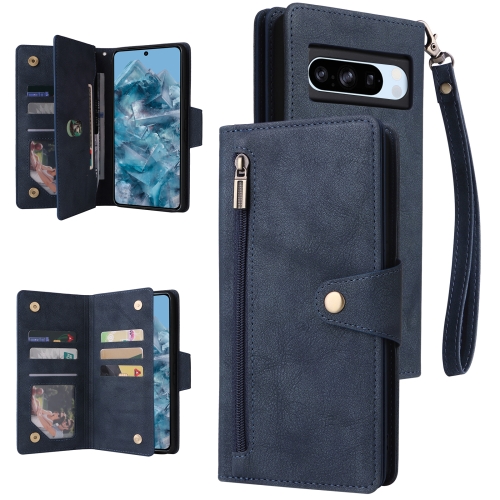 

For Google Pixel 8a Rivet Buckle 9 Cards Three Fold Leather Phone Case(Blue)
