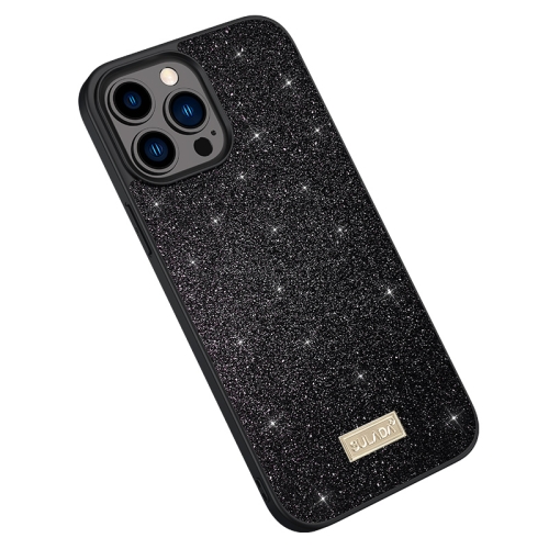 

For iPhone 15 Pro SULADA Glittery PC + TPU + Handmade Leather Phone Case(Black)