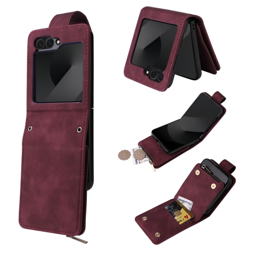 

For Samsung Galaxy Z Flip6 5G Crossbody Multi-card Slot Wallet Zipper Leather Phone Case(Wine Red)