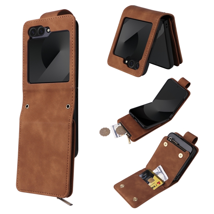 

For Samsung Galaxy Z Flip6 5G Crossbody Multi-card Slot Wallet Zipper Leather Phone Case(Brown)