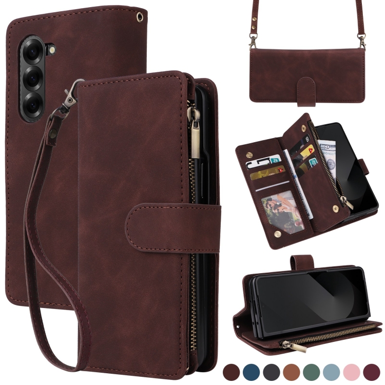 

For Samsung Galaxy Z Fold6 5G Crossbody Multi-card Slot Wallet Zipper Leather Phone Case(Coffee)