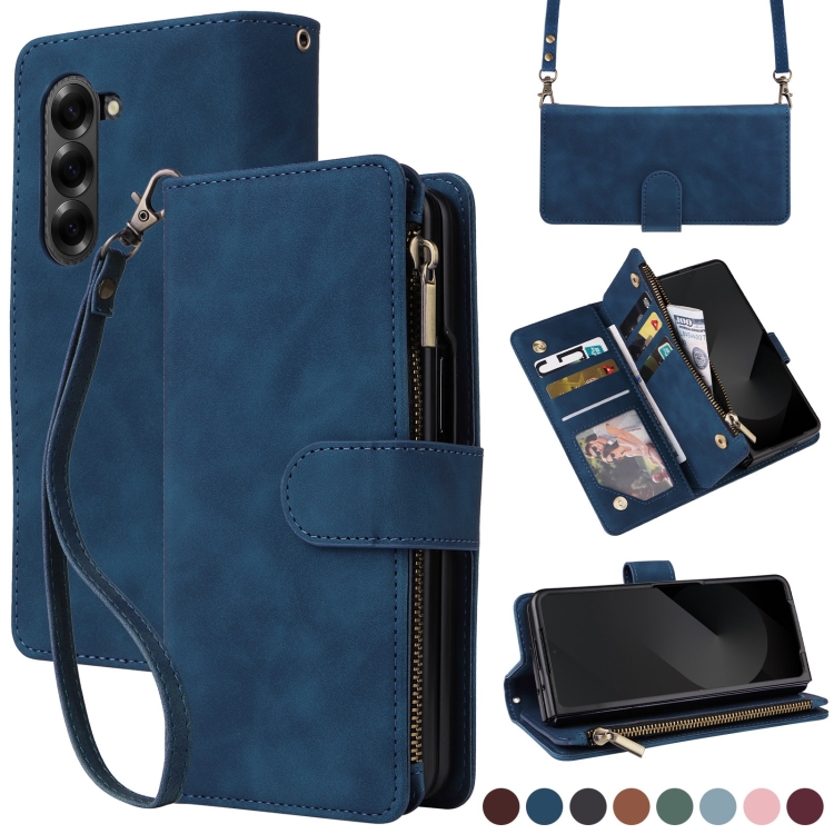 

For Samsung Galaxy Z Fold6 5G Crossbody Multi-card Slot Wallet Zipper Leather Phone Case(Dark Blue)