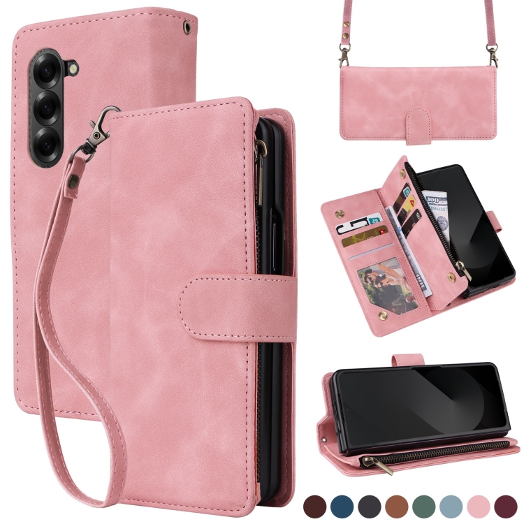 

For Samsung Galaxy Z Fold6 5G Crossbody Multi-card Slot Wallet Zipper Leather Phone Case(Pink)