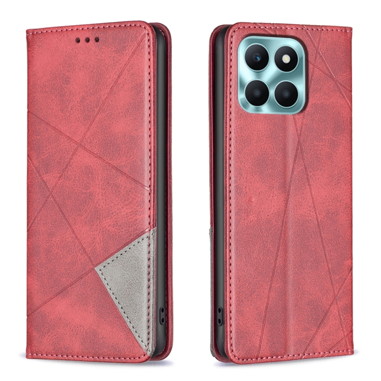 

For Honor X6a Rhombus Texture Magnetic Leather Phone Case(Red)