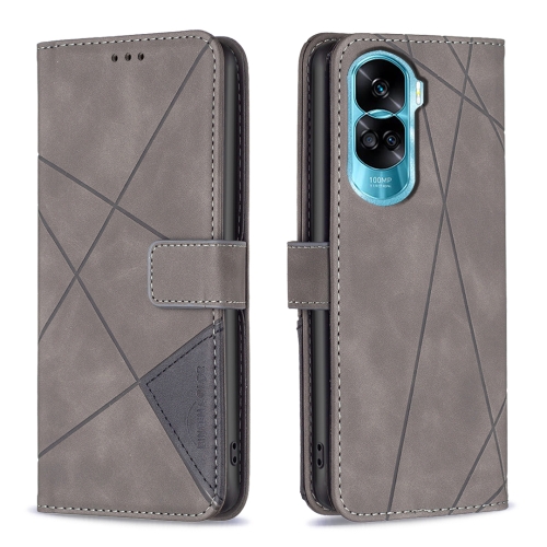 

For Honor 90 Lite/X50i Magnetic Buckle Rhombus Texture Leather Phone Case(Grey)