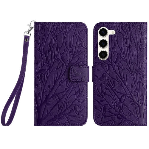 

For Samsung Galaxy S23 Tree Birds Embossed Pattern Leather Phone Case(Purple)