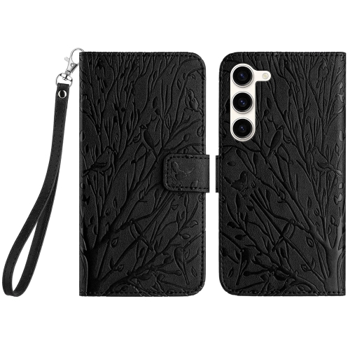 

For Samsung Galaxy S23 Tree Birds Embossed Pattern Leather Phone Case(Black)