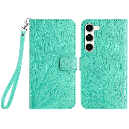 

For Samsung Galaxy S23+ Tree Birds Embossed Pattern Leather Phone Case(Green)