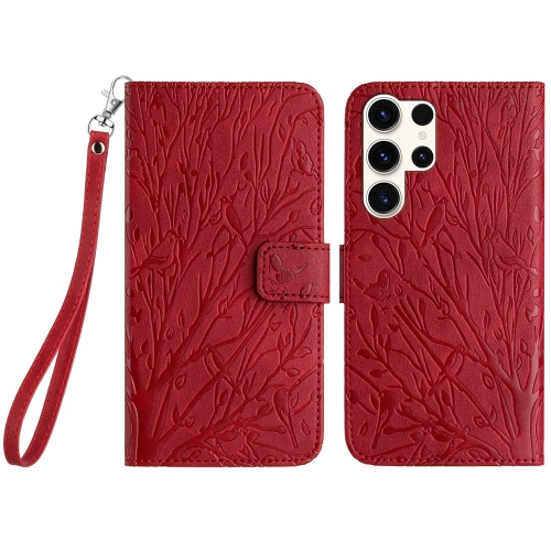 

For Samsung Galaxy S23 Ultra Tree Birds Embossed Pattern Leather Phone Case(Red)