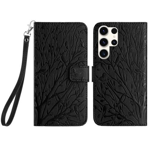 

For Samsung Galaxy S23 Ultra Tree Birds Embossed Pattern Leather Phone Case(Black)