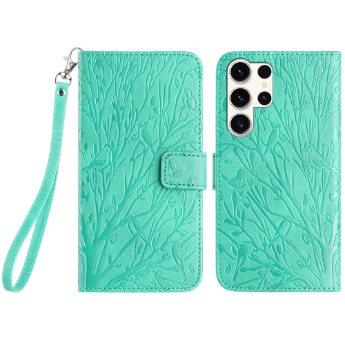 

For Samsung Galaxy S23 Ultra Tree Birds Embossed Pattern Leather Phone Case(Green)