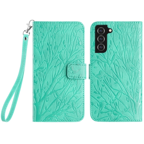 

For Samsung Galaxy S22 5G Tree Birds Embossed Pattern Leather Phone Case(Green)