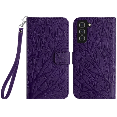 

For Samsung Galaxy S22+ 5G Tree Birds Embossed Pattern Leather Phone Case(Purple)