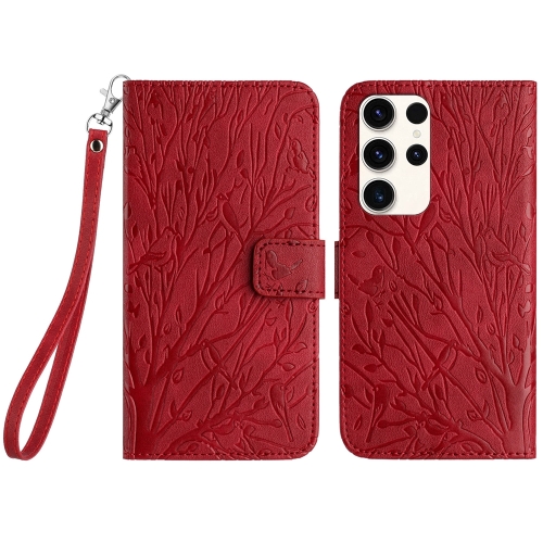 

For Samsung Galaxy S22 Ultra 5G Tree Birds Embossed Pattern Leather Phone Case(Red)