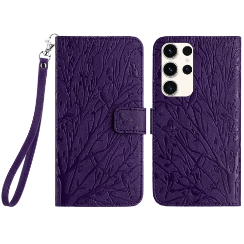 

For Samsung Galaxy S22 Ultra 5G Tree Birds Embossed Pattern Leather Phone Case(Purple)