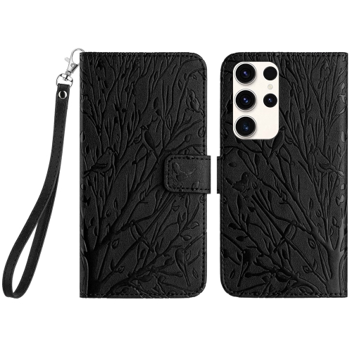 

For Samsung Galaxy S22 Ultra 5G Tree Birds Embossed Pattern Leather Phone Case(Black)