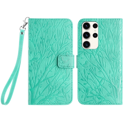 

For Samsung Galaxy S22 Ultra 5G Tree Birds Embossed Pattern Leather Phone Case(Green)