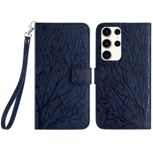 

For Samsung Galaxy S22 Ultra 5G Tree Birds Embossed Pattern Leather Phone Case(Blue)
